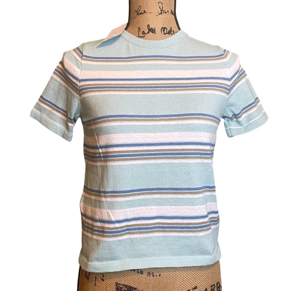 NWT Mango Womens Casual‎ Preppy Striped Short Sleeve Knit Top Light Blue Size XS